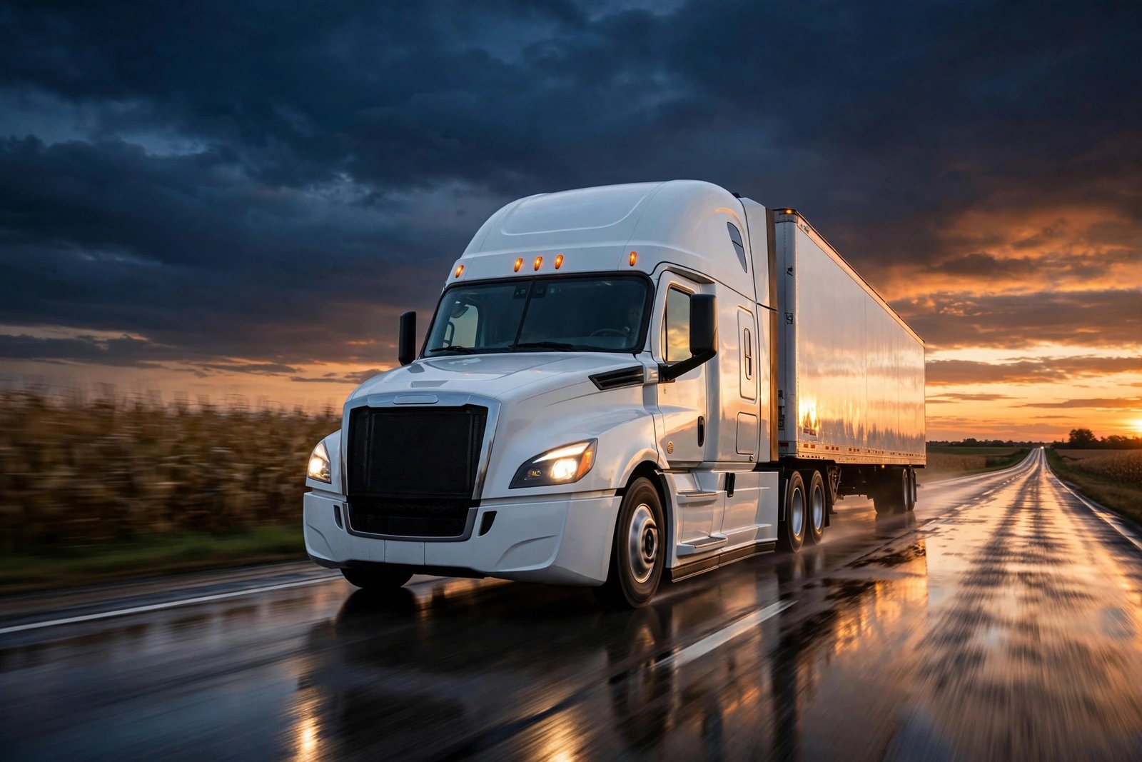 Airmount Trucking semi on the highway at dusk